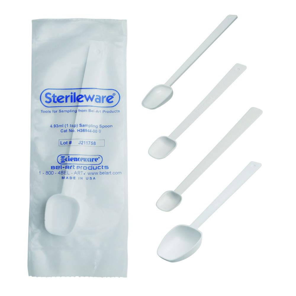Bel-Art Sampling Spoon, Sterile, White, Cap, Approx. 2.46 ml, Double Bagged, Long Handle, Pack of 10