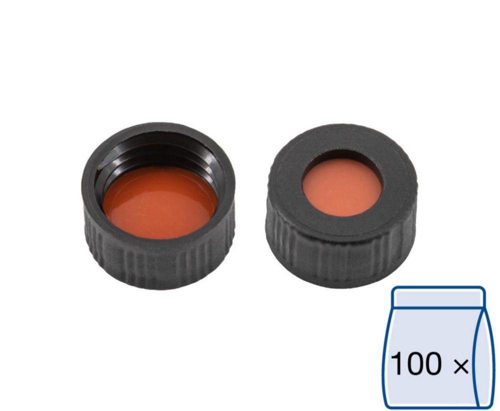 Macherey-Nagel Screw Caps N-9 PP Black Hole Red Rubber/FEP (Colourless), Hardness 40 Shore A, Septa Thickness 10mm (Pack of 100)

