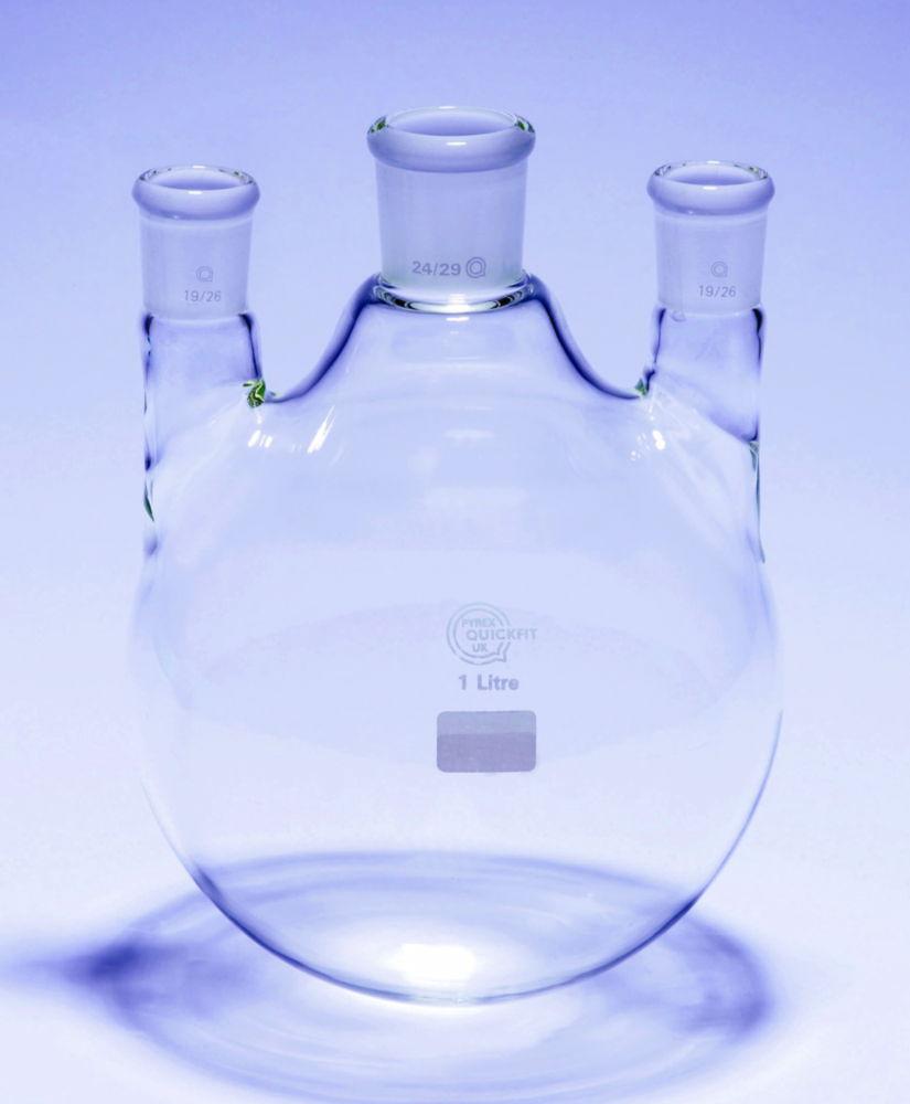 DWK Three-Neck Round Bottom Flask, 2000 mL, Middle Neck NS 24/29, Side Necks Straight NS 19/26