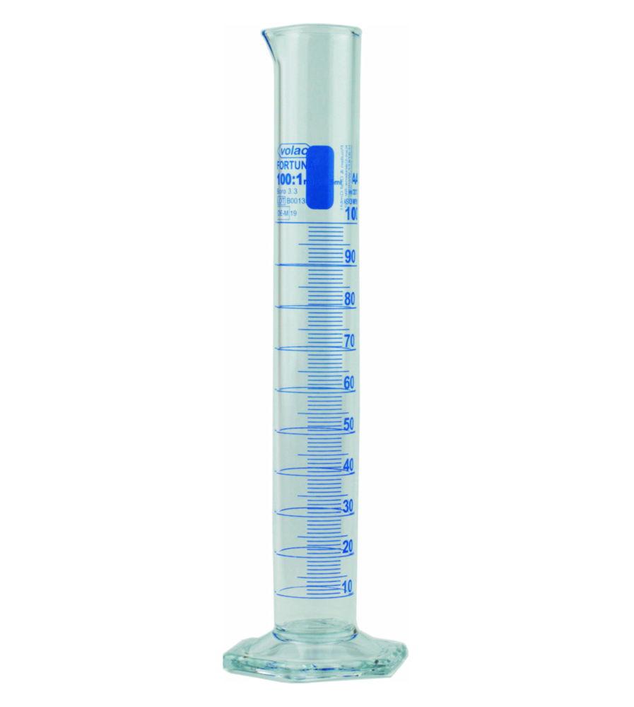 Poulten & Graf Measuring Cylinder 5:0.1 ml H.F Class A KB Borosilicate Glass with Hexagonal Base (Blue Graduated)