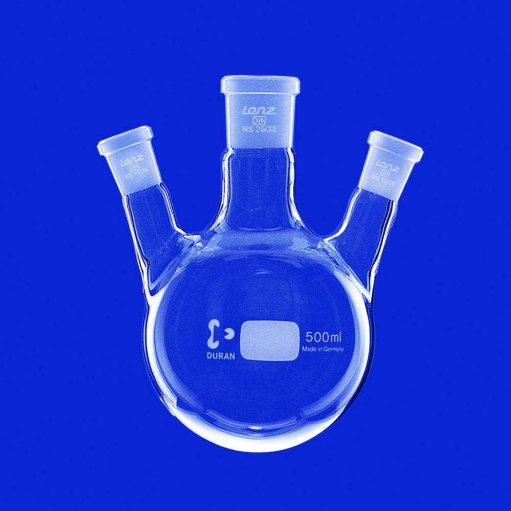 Lenz-Laborglas Round-bottom Flask 1000 ml Three-neck, Side Necks Angled, Center Neck NS 29/32, Side Neck NS 14/23

