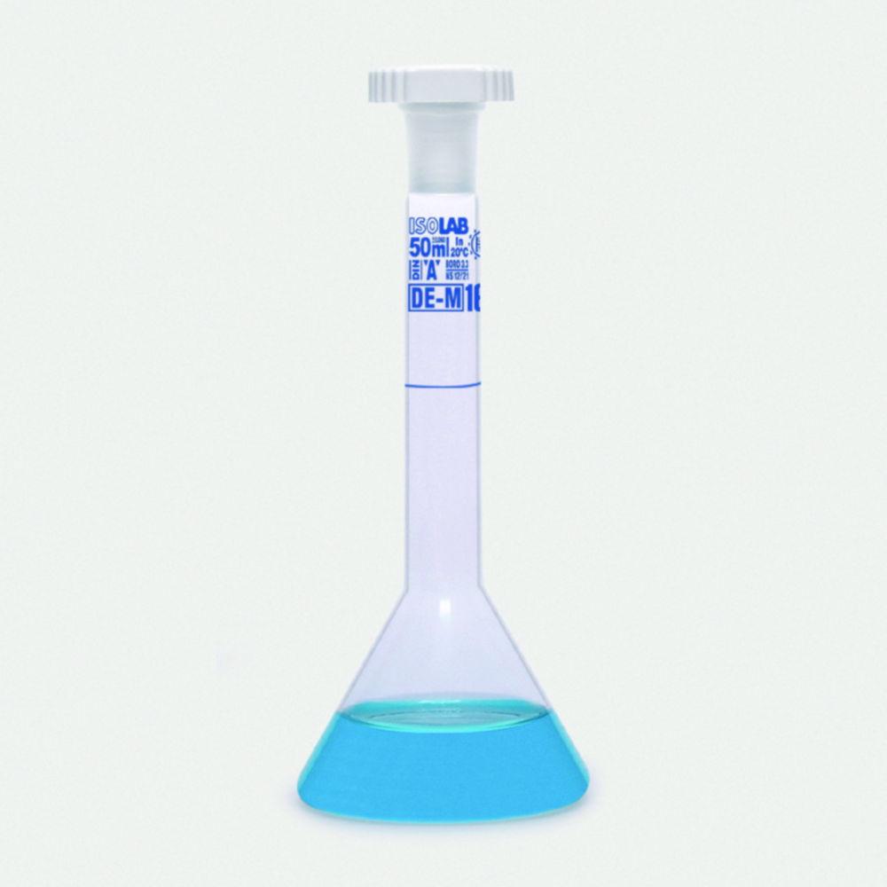 ISOLAB Volumetric Flask 50 mL Clear Trapezoidal Glass Class A NS 12/21 PE Stopper Blue Scale Batch Identification Pack of 2