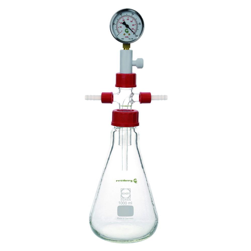 Woulff bottle 2000ml, Erlenmeyer pattern with analogue pressure gange