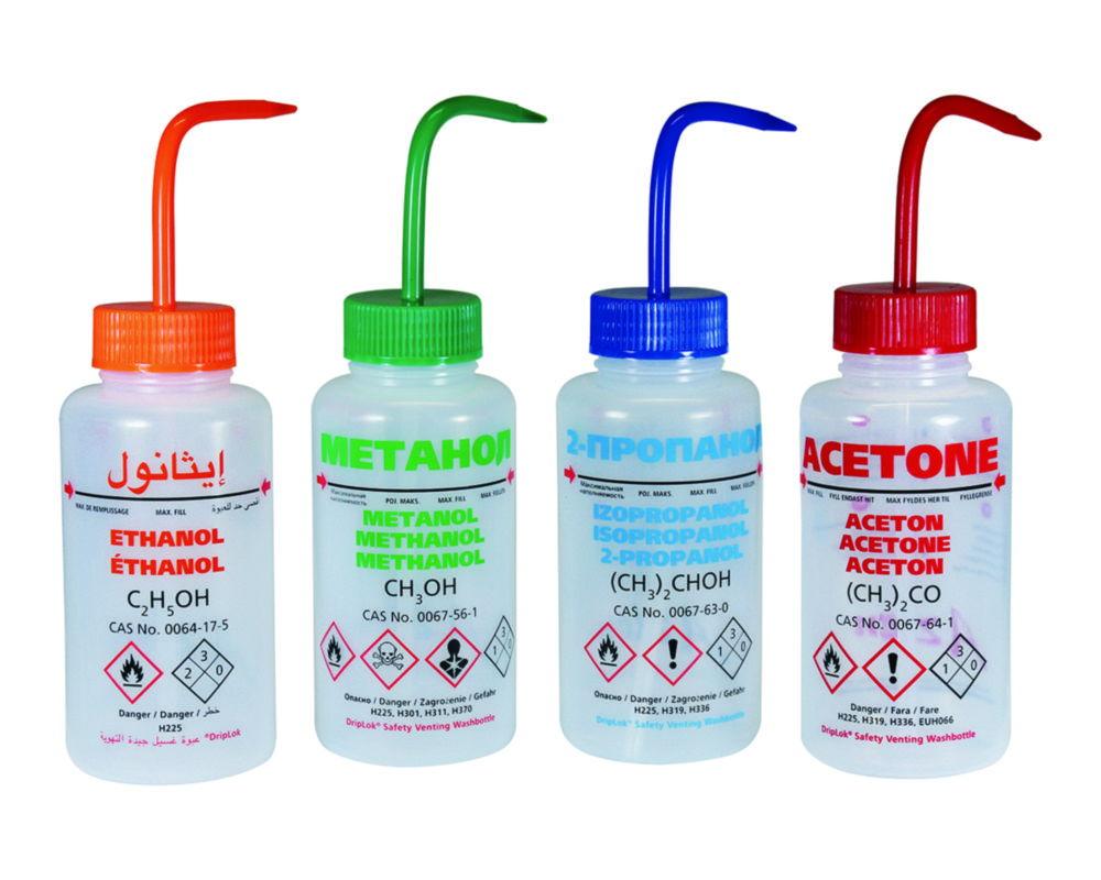 LLG Safety Vented Wash Bottle 500 mL, Methanol, with Pressure Control Valve, LDPE, N/DK/SE/UK