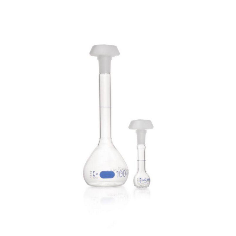 DWK Duran Volumetric Flask 100 ml, Class A, Blue Graduation, Individual Certificate, One Graduation Mark, Polyethylene Stopper, NS 12/21
