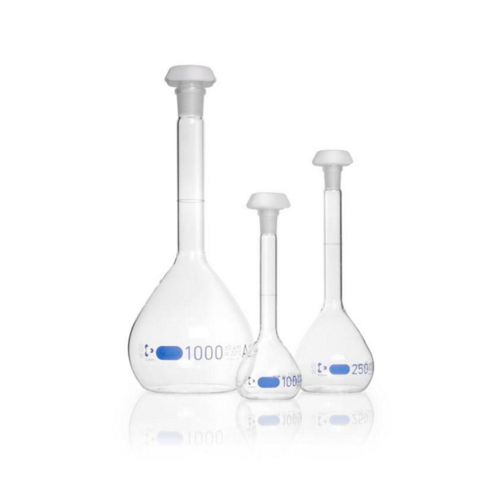 DWK Duran Volumetric Flask 5000 mL, Class A Blue Graduation, Batch Certificate, One Graduation Mark, Polyethylene Stopper, NS 34/35