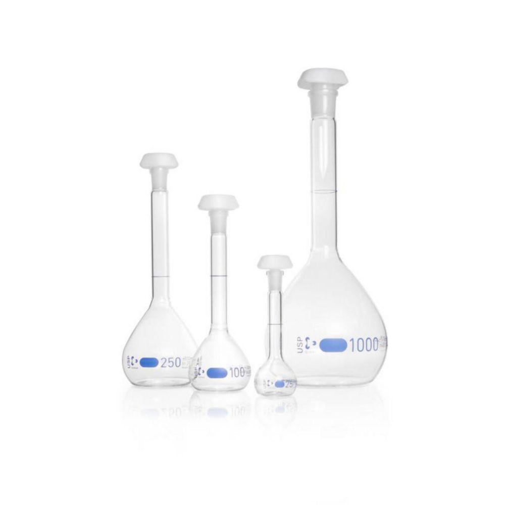 DWK Duran Volumetric Flask 500 ml, Class A Blue Graduation, USP Conformity, Individual Certificate, Polyethylene Stopper, NS 19/26