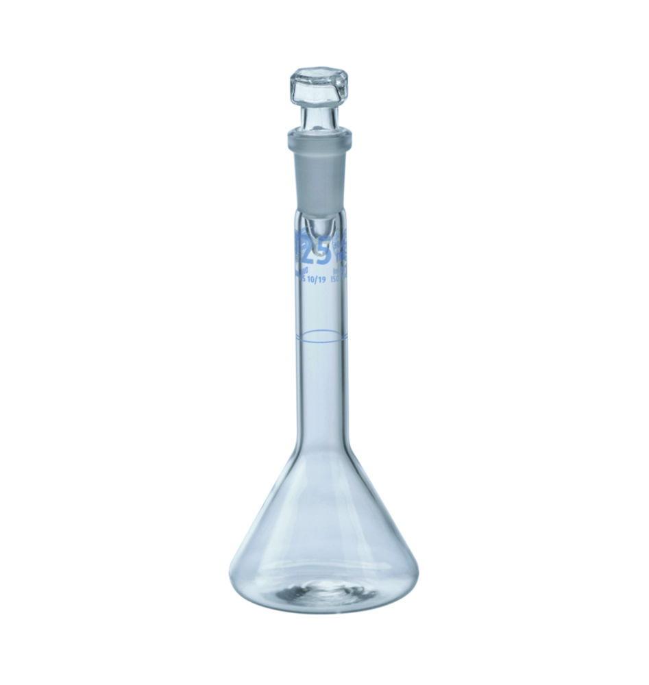 Hirschmann Measuring Flask 25 ml, Cl. A DURAN, NS 10/19, Glass Stopper, Trapeze Shaped, Conformity Certificate