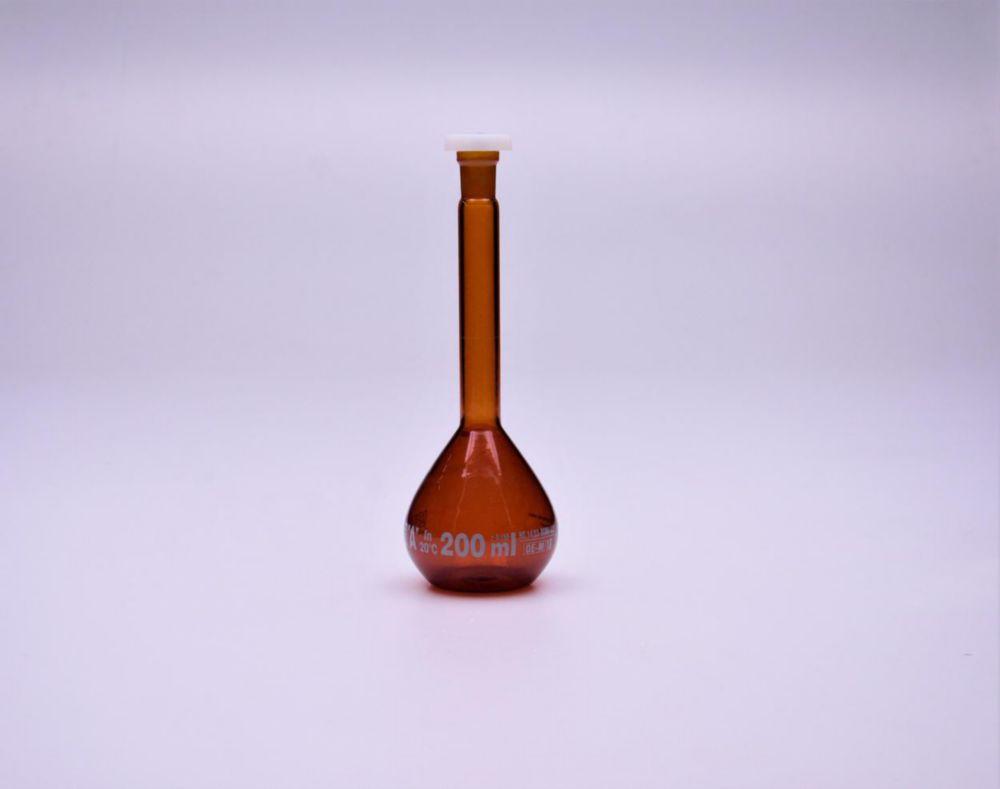Volumetric flask 200 ml, NS 14/23 coated, amber, class A, blue scale conformity batch certified, pack of 2