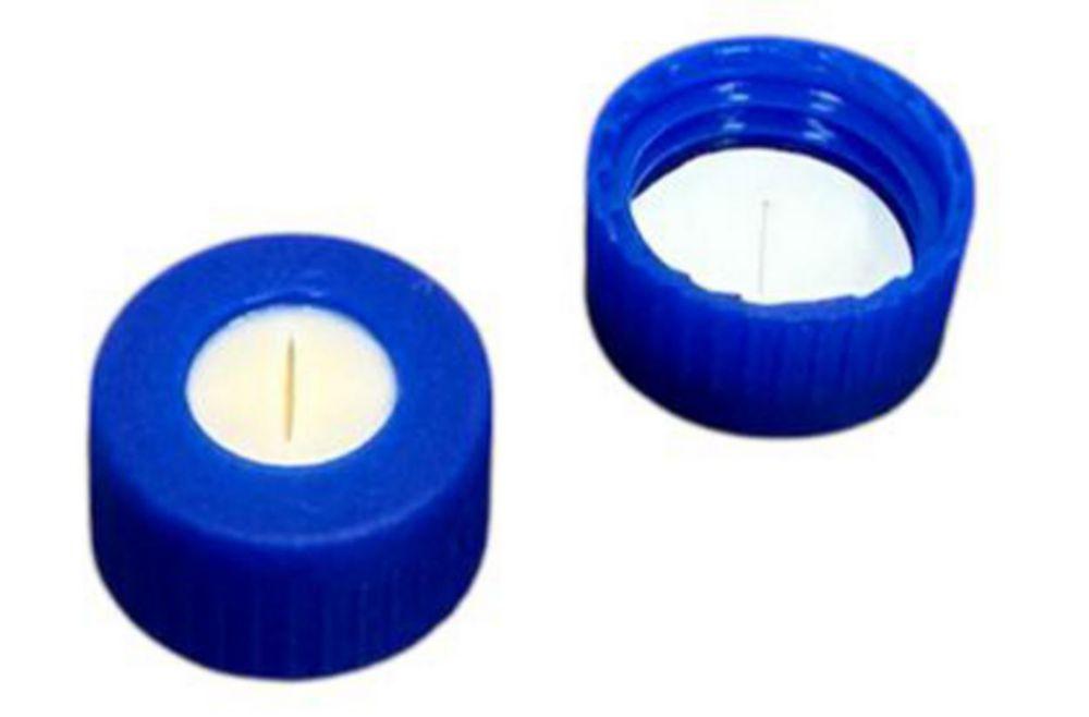 LLG Screw Caps N 9, Bonded PP, Blue Center Hole, Silicone Beige/PTFE White Slitted, Hardness 45 Shore A, Thickness 1.3 mm, Pack of 100