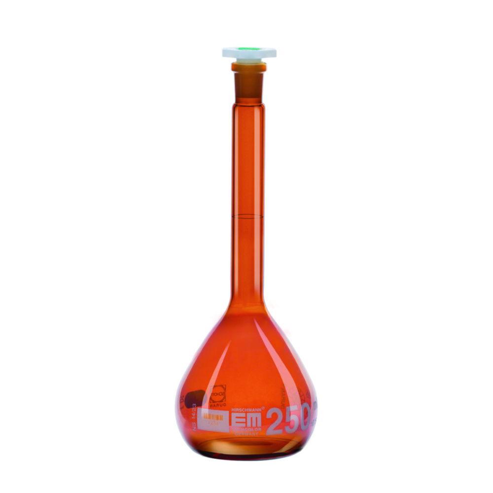 Hirschmann Volumetric Flask 1000 ml, Cl. A, Amber, DURAN NS 24/29, PE Stopper, White Graduation