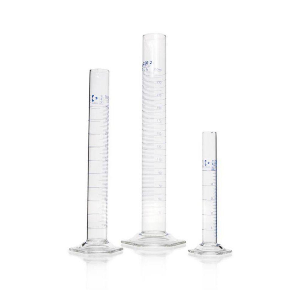 DWK Duran Measuring Cylinder 10 ml, Class A, Batch Certificate, Blue Graduation, Main Points Ring Graduation, Hexagonal Base