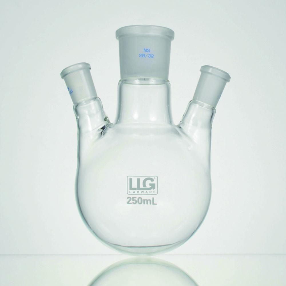 LLG Three-Neck Round Bottom Flask, 2000 ml, Side Necks 20°, CN NS 29/32, SN x 2 NS 29/32, Borosilicate Glass 3.3

