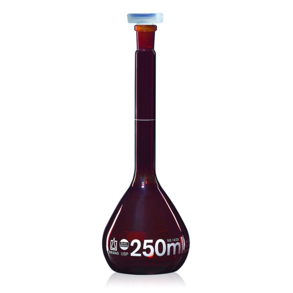 Volumetric flask, 5 ml, NS 10/19 BLAUBRAND, Class A, USP, CoC, Borosilicate 3.3, amber, PP stopper, pack of 2