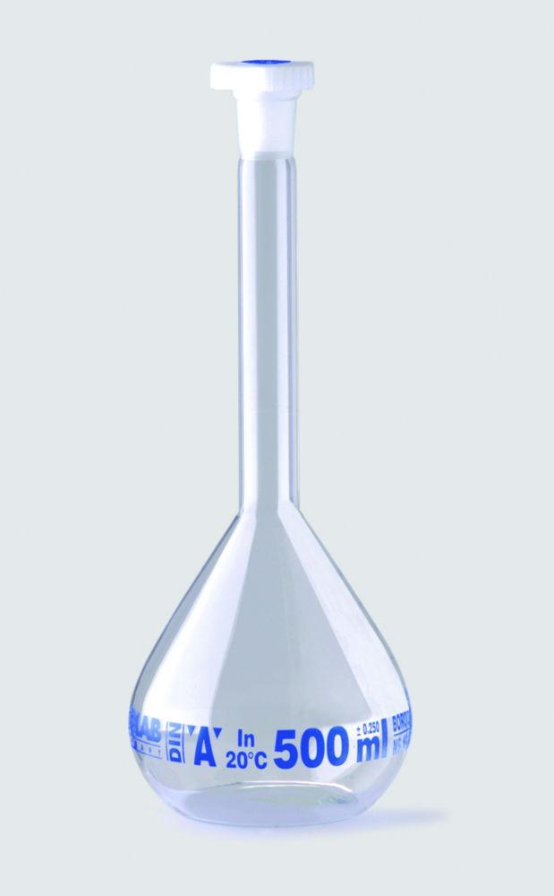 ISOLAB Volumetric Flask 25 mL, Clear Glass, CL A, NS 10/19, PE Stopper, Blue Scale, Batch Certified
