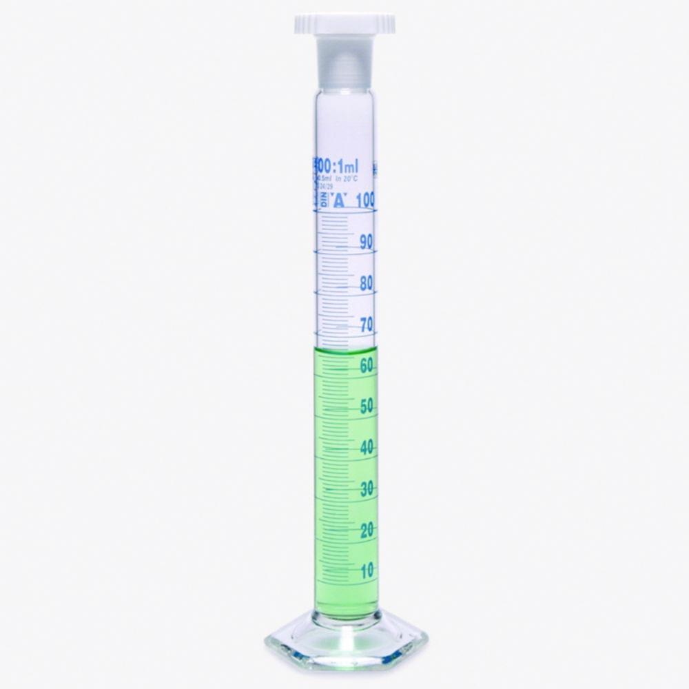 ISOLAB Mixing Cylinder 100 mL, Tall Form Glass, CL A, PP Stopper, Blue Scale, Batch Certified