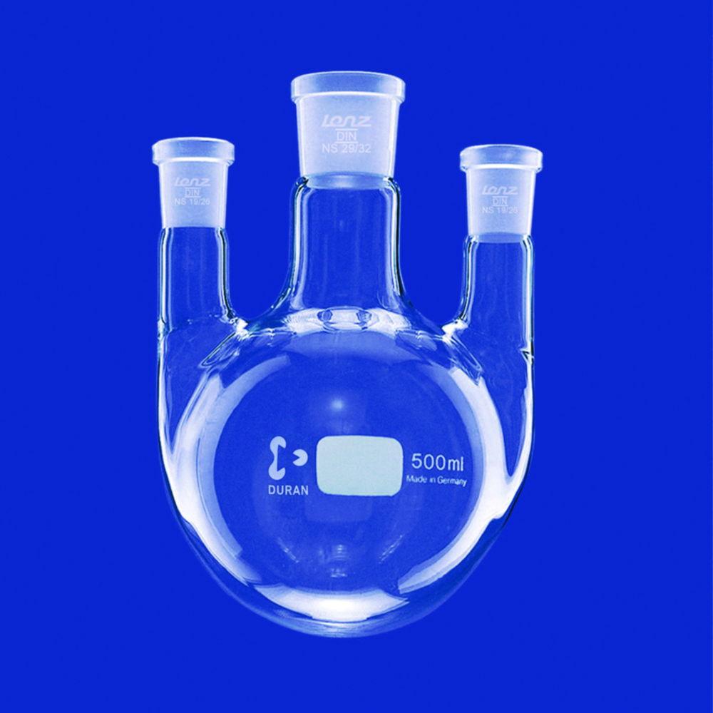 Lenz-Laborglas Round-bottom Flasks, Three-neck, Side Necks Parallel, C. Neck NS 29/32, Side Neck NS 14/23

