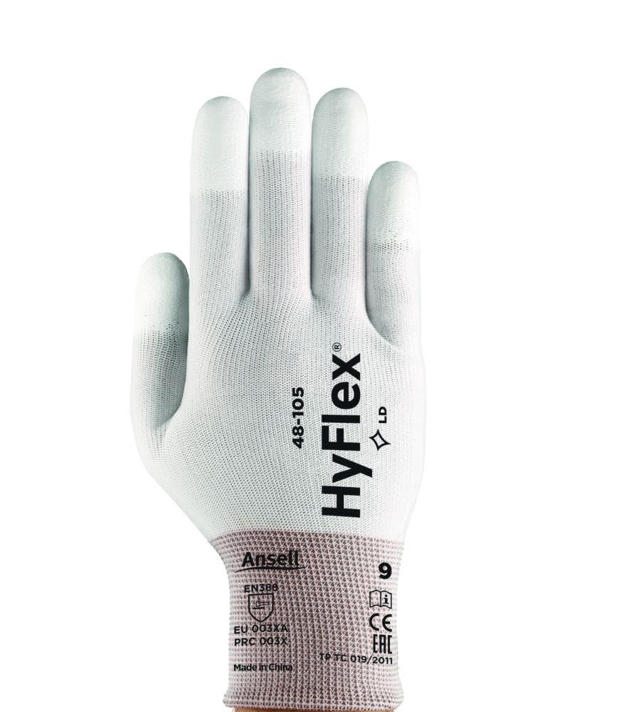 Ansell Gloves HyFlex Size 8 White, Nylon/Polyester-Backing Fabric, 210-265mm, Fingertips Coating, Pair