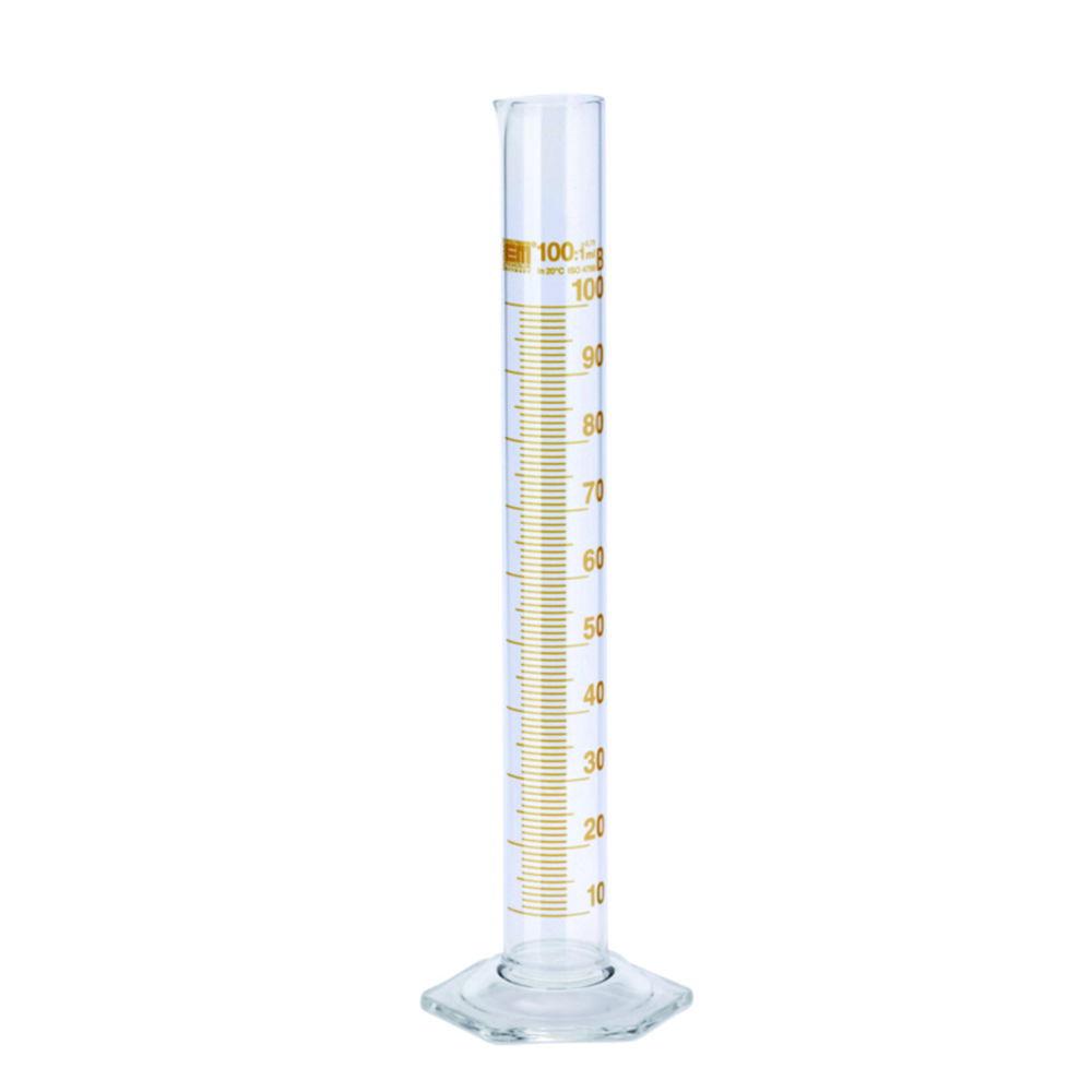 Hirschmann Laborgeräte 100 mL Measuring Cylinder, Class B, Tall Form, Short Line Graduation, Borosilicate Glass, Amber Graduated