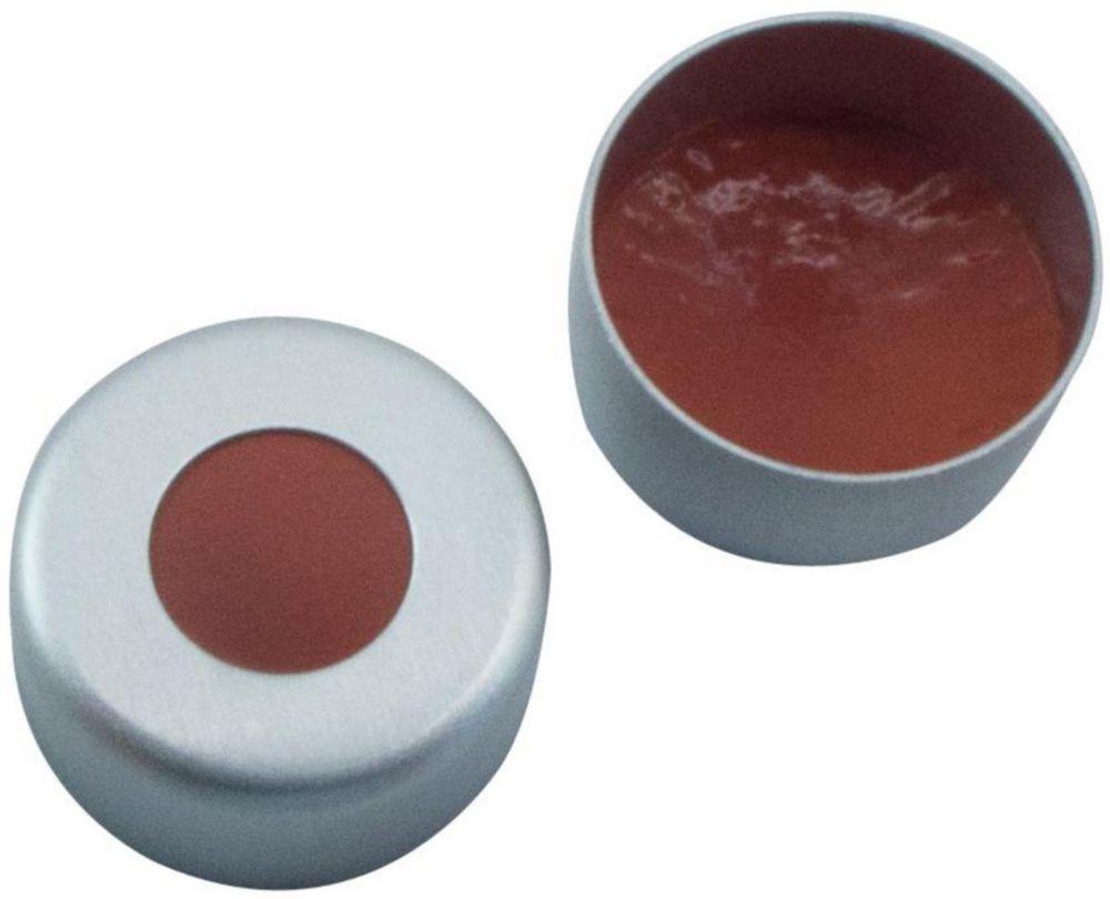LLG Labware Aluminium Crimp Cap N 11 Silver Center Hole Natural Rubber/Butyl Red-Orange/TEF Colourless Hardness 45° Shore A Thickness 1.0 mm