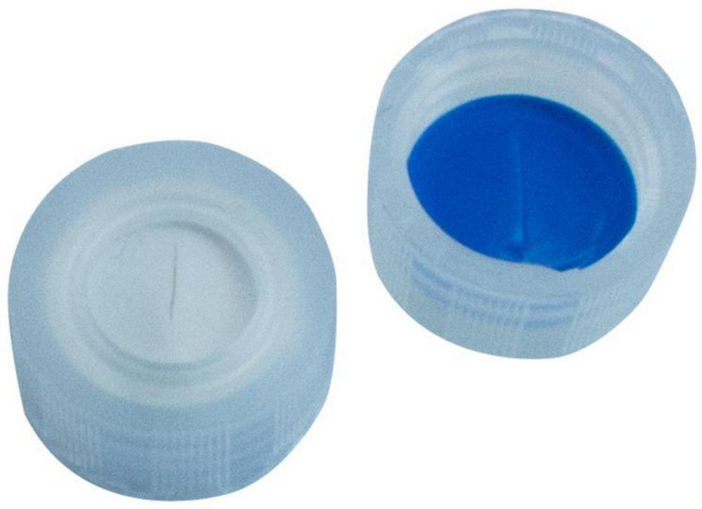 LLG Screw Caps N 9, Transparent Polypropylene, Center Hole, Silicone White/PTFE Blue Slitted Septum, 40° Shore A Hardness, 1.0 mm Thickness, Pack of 100