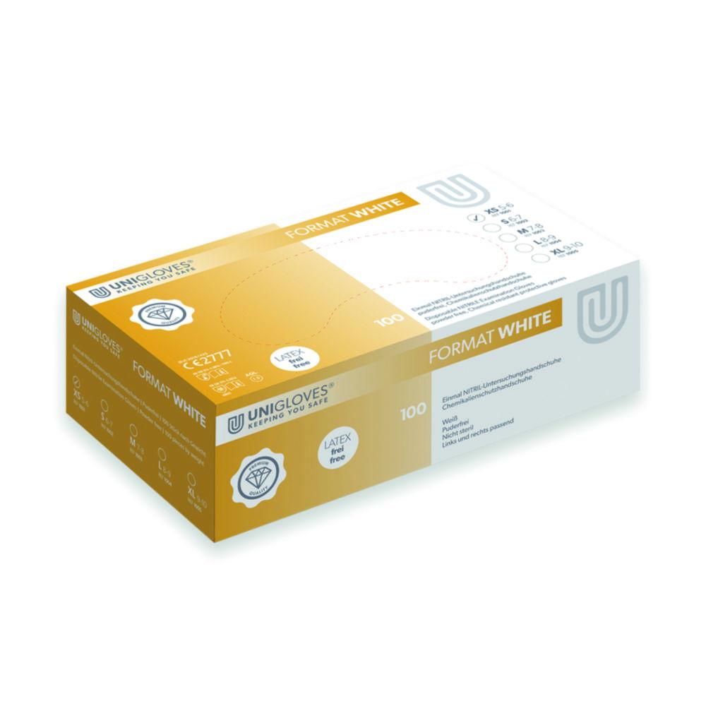 Unigloves Nitrile Gloves, Size XS 5-6, Format White, Non-Sterile, Powder Free, Beaded Cuff, Pack of 100

