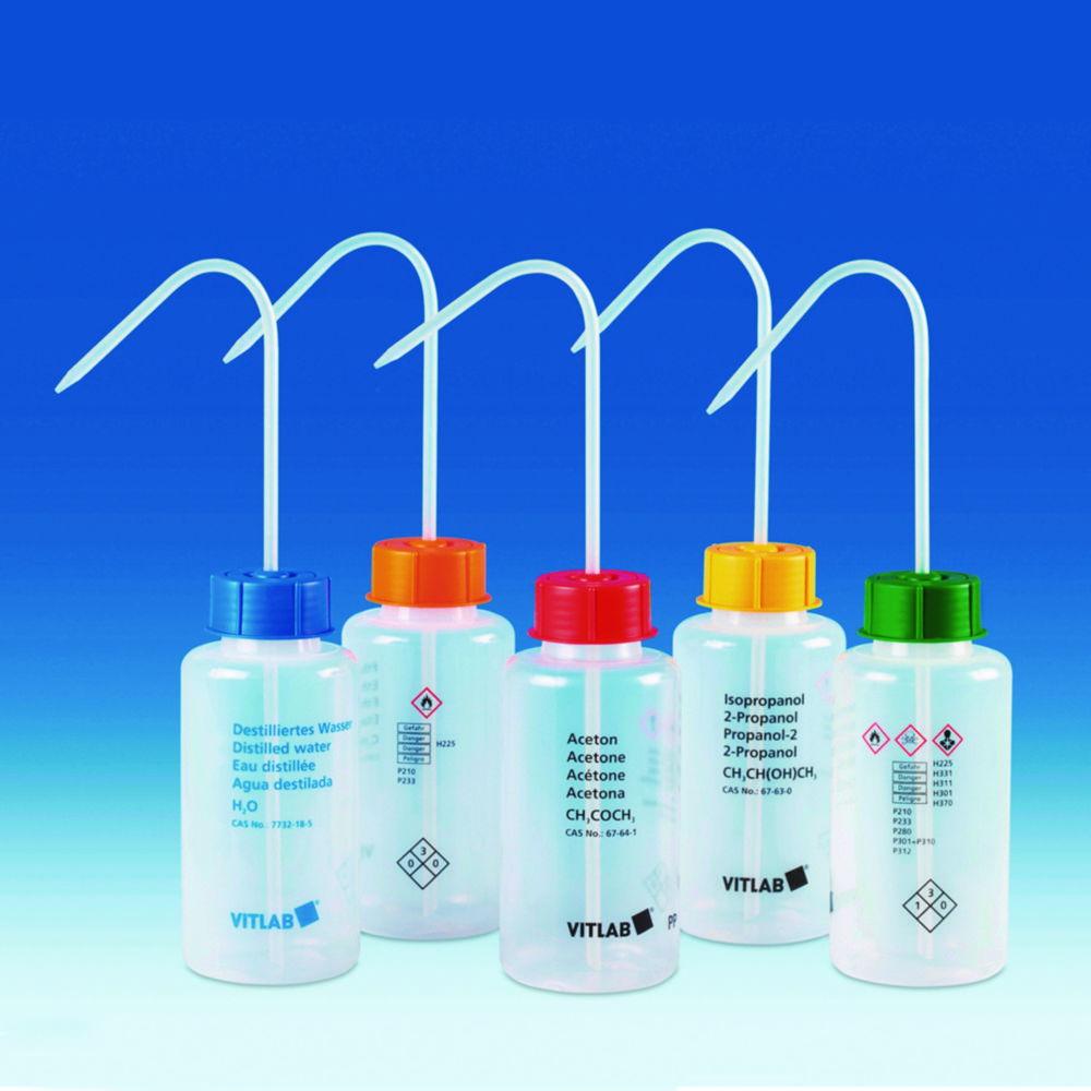 VITLAB Safety Washing Bottle 250 ml Wide Neck, PE-LD, GL 45, Isopropanol with Vent Cap Screw Connection


