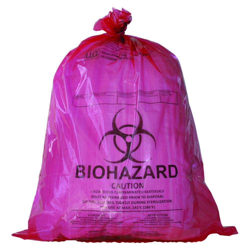 LLG Autoclavable Bags 910x1150mm, PP Red 50µm with Biohazard Printing and Sterilization Indicator, Pack of 100