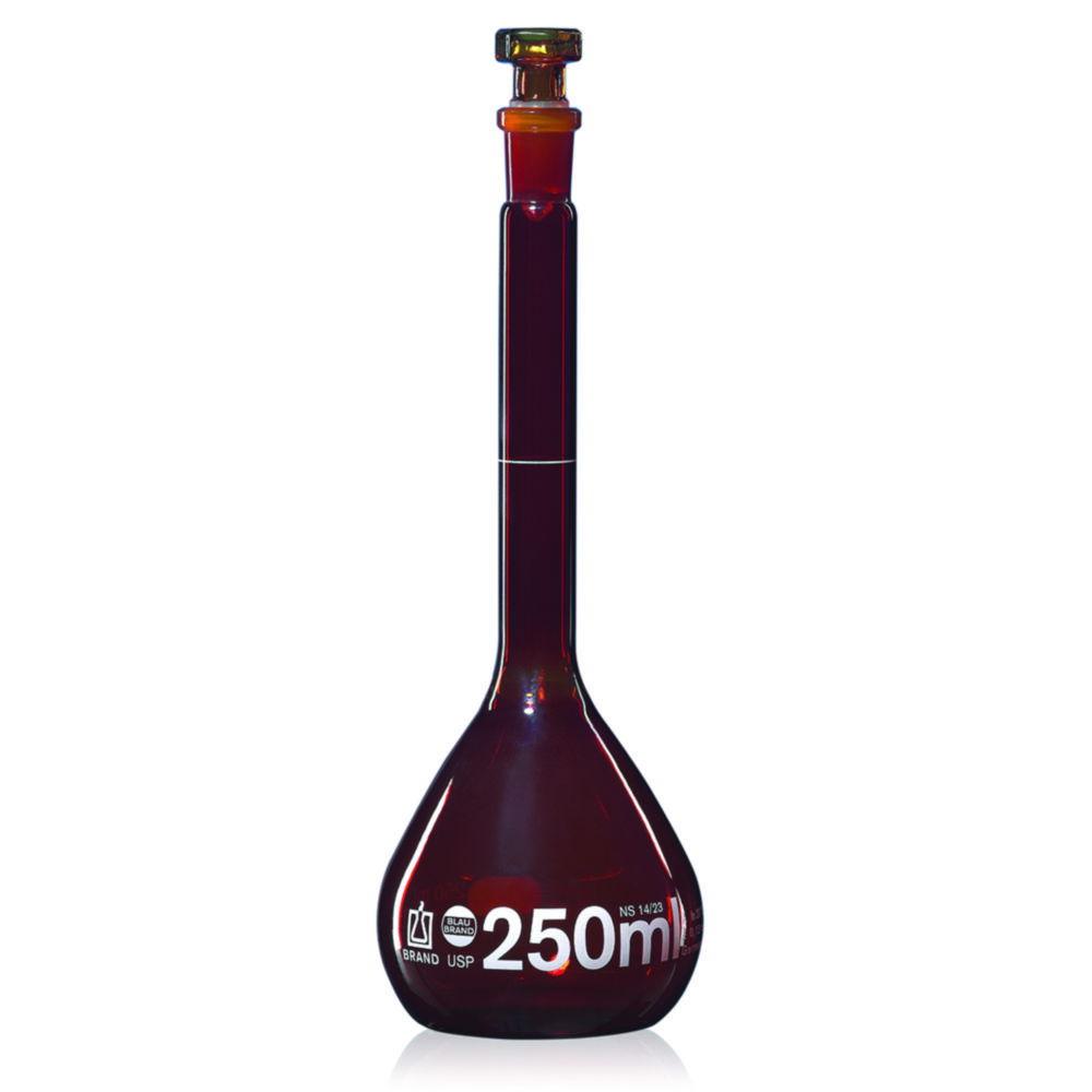 BRAND Volumetric Flask, USP, BLAUBRAND, Class A, DE-M, Amber, 5 ml, NS 10/19, Boro 3.3, with Glass Stopper, USP Individual Certificate

