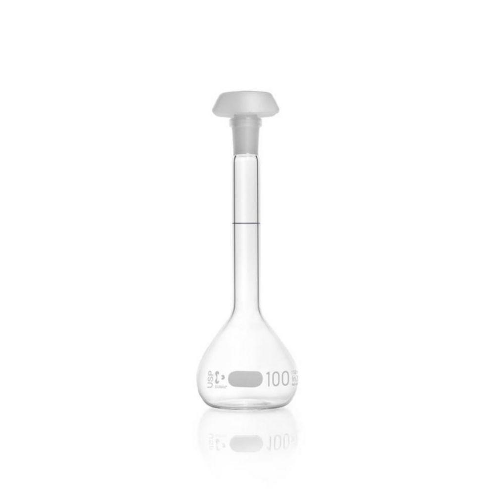 DWK Duran 100 mL Volumetric Flask, Class A Blue Graduation, USP Conformity, Individual Certificate, Polyethylene Stopper (NS 14/23)​